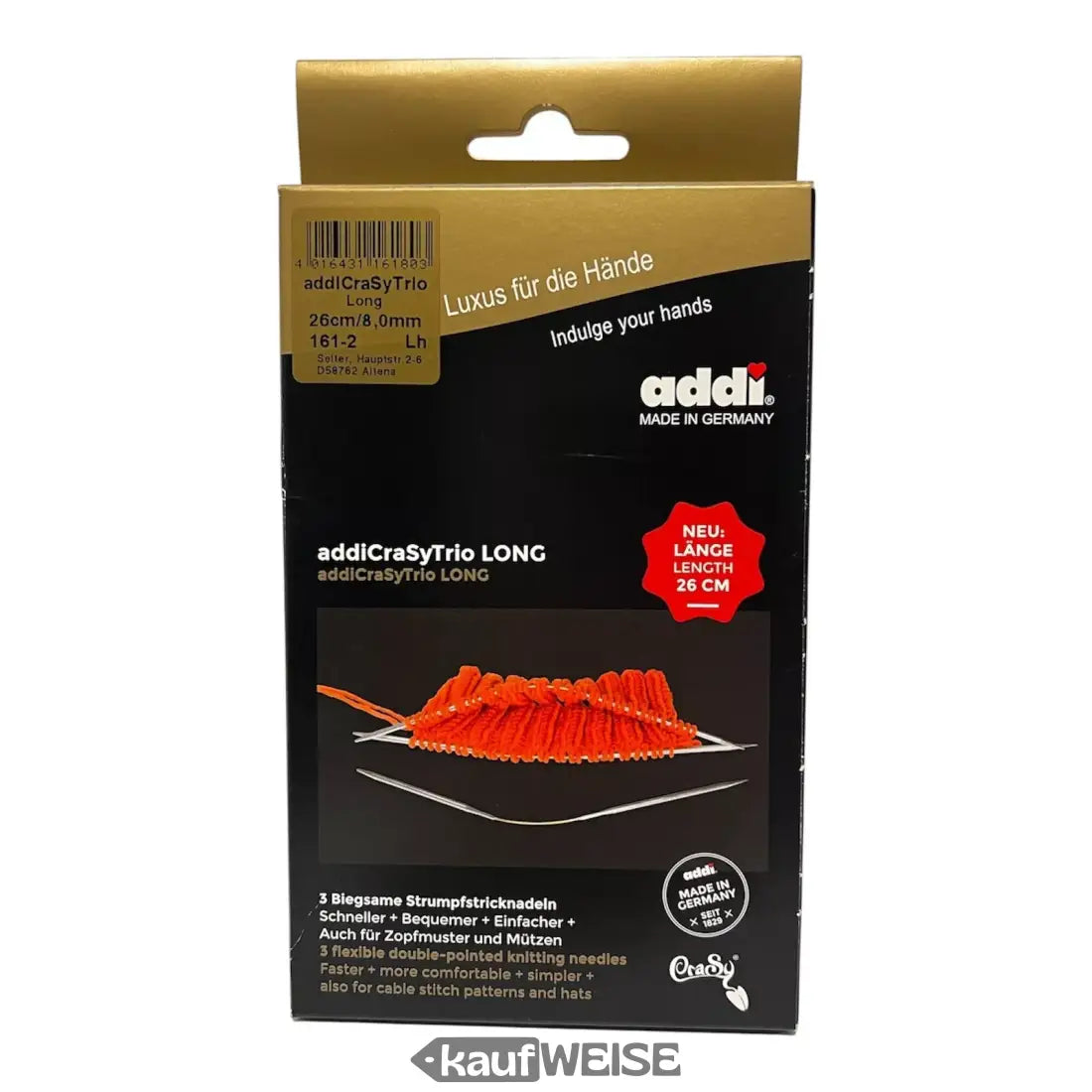 Addi CrasyTrio Long Stricknadelset in Verpackung für biegsame Sockenstrickarbeiten