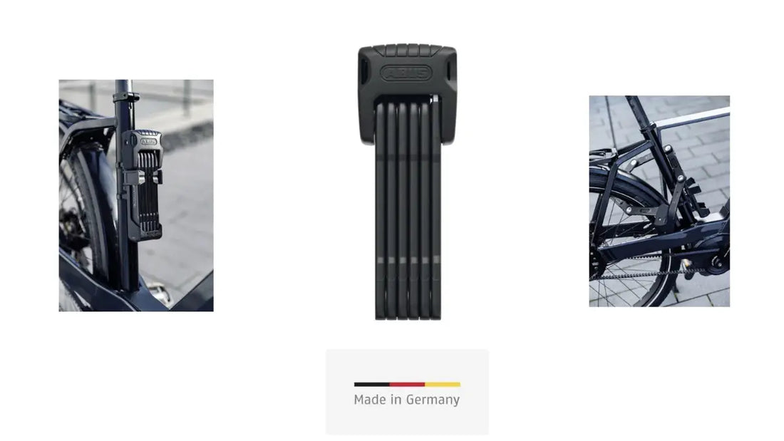 ABUS Bordo Granit 6500K Faltschloss zusammengefaltet und in der Halterung an einem Fahrrad montiert