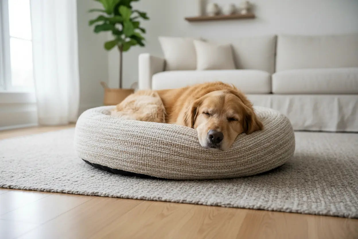 Goldener Retriever ruht in gemütlichem beigem Rundbett