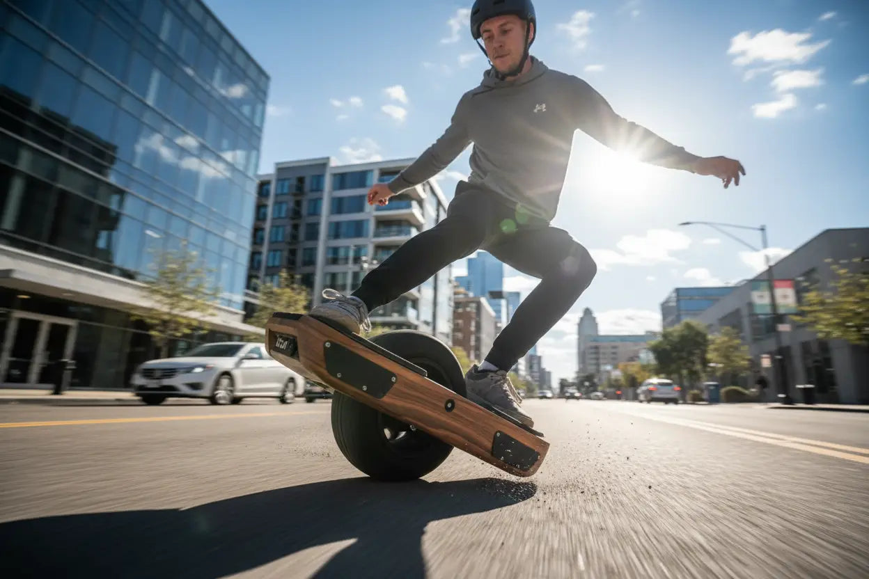 Holzdecke mit schwarzen Gummireifen und Metallteilen im Onewheel-Stil