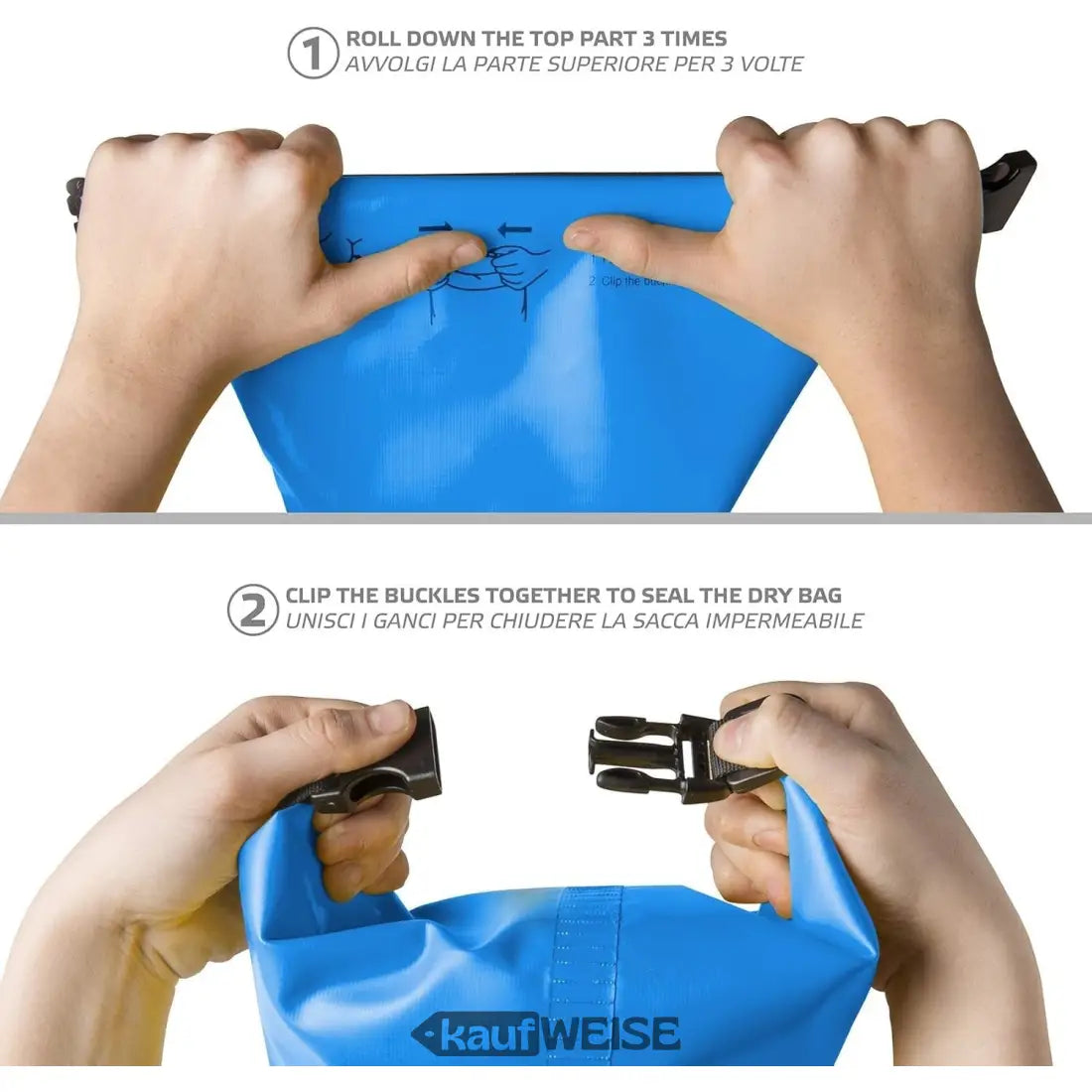 Anleitung zum Verschließen der blauen Celly Explorer Dry Bag 2L outdoor Tasche