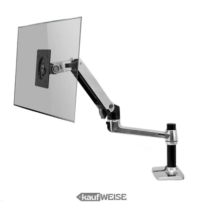Ergotron lx desk mount lcd arm mit verstellbarem monitorarm in silber-grau und chrom-schwarz, hält reflektierenden silbernen bildschirm