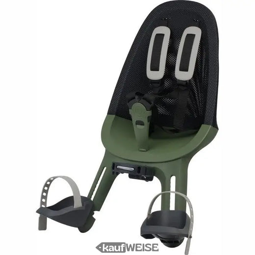 Fotelik rowerowy przedni Qibbel Air, czarno-zielony | Mocowanie na kierownicę | 9 miesięcy - 3 lata (15 kg) | Oparcie z siatki