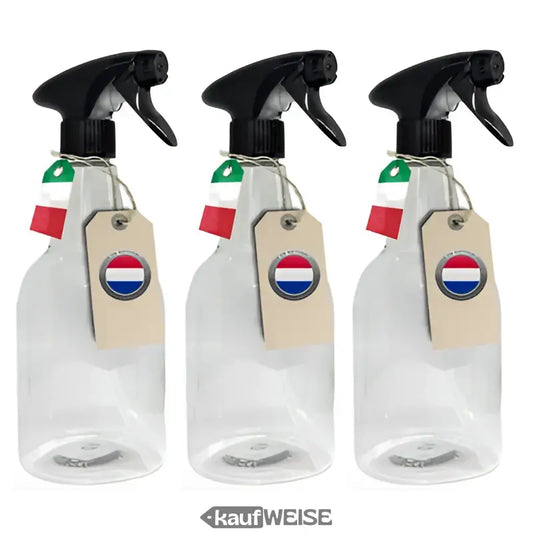 Drei transparente Sprühflaschen mit schwarzen Düsen und Etiketten im Set