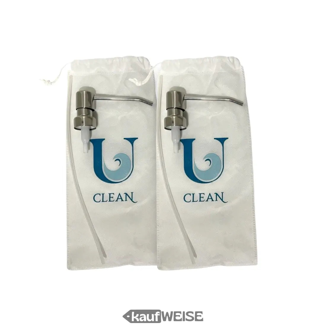 Zwei Handdesinfektionspouches mit Metallpumpen für U CLEAN Seifenspender